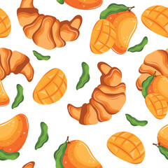 Seamless pattern with baked croissants and ripe mangoes, denoting the taste of pastries, for menus and various food designs