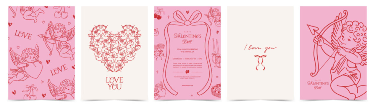 Vintage Valentine&rsquo;s Day card set with heart of roses, Cupid doodles, bows and romantic line art illustrations. Elegant coquette template for poster, invitation, menu, celebration, branding, labels