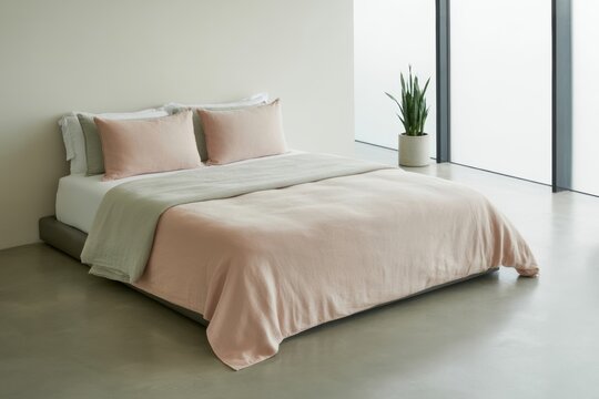 A neatly made bed with pink sheets and pillows in a modern bedroom with a potted plant by the window