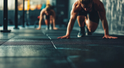 Close up ground level view of two muscular athletes in a gym setting crouched at the starting line ready to sprint.