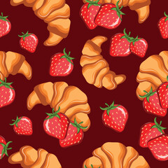pattern with French croissants and strawberries arranged randomly on a red background, for menus and various food designs
