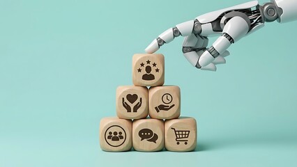 Robot hand places cube with customer loyalty icon on pyramid of values