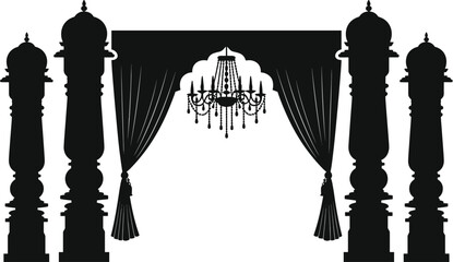 Fototapeta premium Ornate Black Silhouette of Grand Archway with Drapes and Chandelier on White Background vector illustration