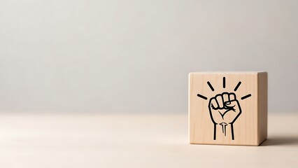 Strong will and determination concept with a raised fist on a block