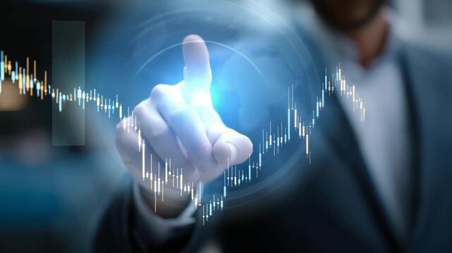 Close-up of founders interacting with floating financial projections and AI suggestions for market trends &mdash; representing data-driven decision making, modern investment preparation, and