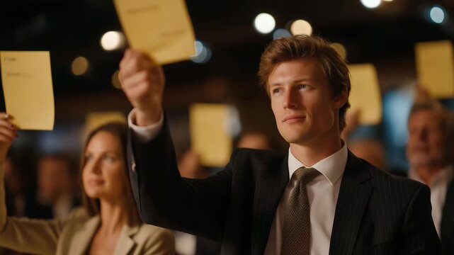 Elegant auction room illuminated by soft golden lighting where bidders raise numbered paddles, their faces tense with anticipation &mdash; concept of luxury auction atmosphere, cinematic storytelling in