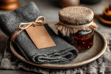 Single Gourmet Fruit Preserve Jar with Label Mock-up and Wrapped Napkin on Dark Background, Highlighting Cozy Rustic Texture
