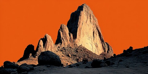 Orange rocky mountain peak in dramatic desert landscape at sunset