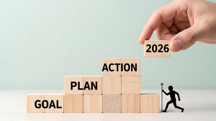 A hand placing a wood cube with 2026 on top of action blocks