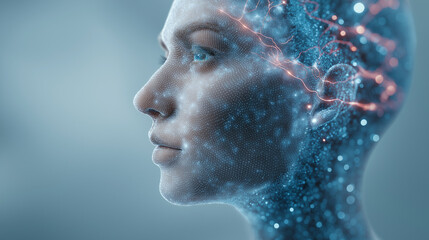 Futuristic Humanoid Profile with Glowing Digital Brain Activity and Neural Network Mesh