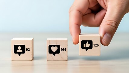 Hand placing a wooden block with a like icon and number 126