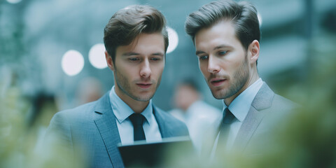 Two focused professionals examining information on a digital tablet