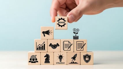 Hand placing brand block on top of pyramid of business icons