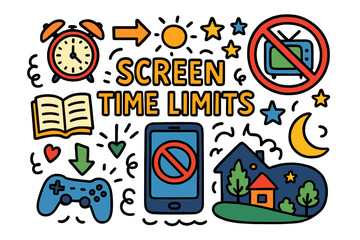 Screen time limits flat icon set. featuring alarm clock, book, game controller, mobile, house