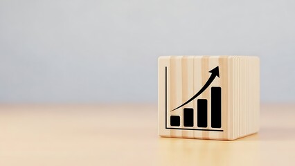 Wooden cube with an upward trending bar graph icon
