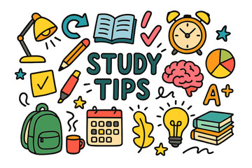 Education and study tips flat icon set. featuring book, pencil, alarm, brain, and backpack symbols