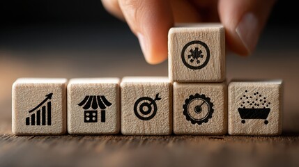 Marketing strategy planning with wooden blocks and icons representing data analytics, customer targeting, advertising, lead generation and sales process