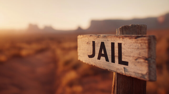 Rustic Jail Sign Post in Golden Hour Desert Landscape