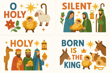 Fototapeta premium Christmas flat icons set. featuring nativity scenes, baby jesus, sheep, magi, star, donkey, cow, mary, joseph