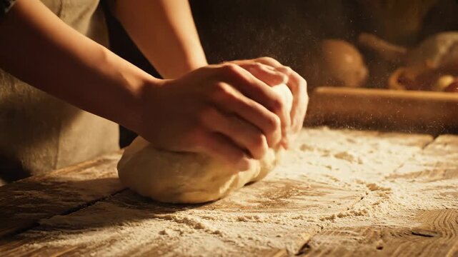 Close-up of hands kneading dough on a wooden table dusted with flour, emphasizing the tactile and artisanal process of baking