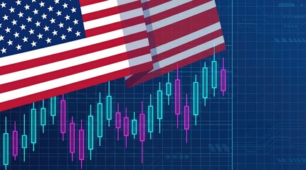 American flag with candlestick stock chart, US trading background