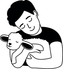 Boy hug baby lamb. Cute animal friend