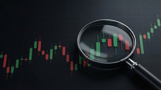 Magnifying glass on candlestick chart, financial trading analysis - Powered by Adobe