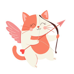 Cheerful cupid cat with wings, bow and heart arrow Playful cartoon character full of warm Valentine charm for romantic cards, stickers, posters, social media and festive holiday design. Flat vector