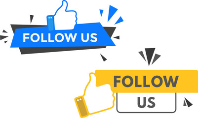 Follow Us Social Media Button Set, Thumbs Up Sticker and Banner Label Collection