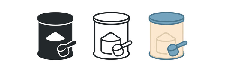 milk powder can icons three round can with measuring scoop icons one flat solid monochrome one thin black outline black and white one full color flat icon soft beige and blue