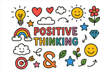 Positive thinking flat icons set. featuring heart, smiley face, rainbow, lightbulb, cloud, flower, and leaf symbols