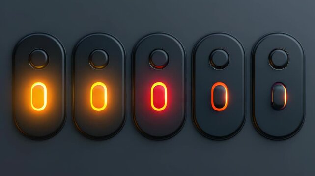 Video A row of four black switches with red and yellow lights indicating different states or functions