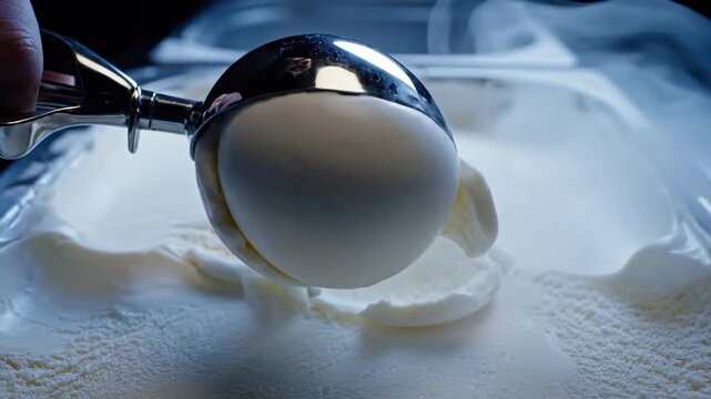 Close-up of a gleaming metal scoop serving a perfectly rounded portion of smooth, white vanilla ice cream from a frozen container, emphasizing its cold, creamy texture and delicious appeal