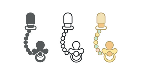 baby pacifier clip icons three clip with small bead chain icons one flat solid monochrome one thin black outline black and white one full color flat icon soft pastel beads