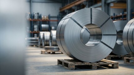 Steel coil rolls on pallet in warehouse, industrial metal manufacturing supply