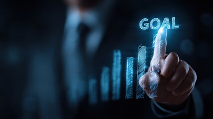 Businessman uses pen to mark target on bullseye for goal setting and achieving business success in corporate environment