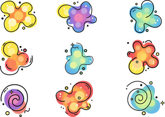 A set of bright abstract doodle shapes with smooth gradients, rounded blobs, and decorative line elements. 