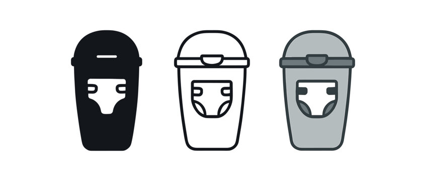 diaper bin icons three diaper disposal bin silhouettes one flat solid monochrome one thin black outline black and white one full color flat icon white and gray
