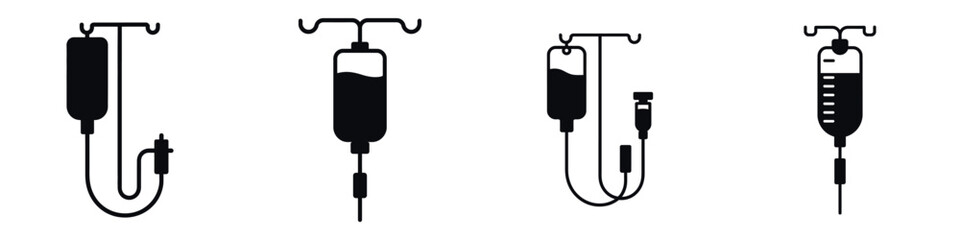 IV Infusion Drip Vector Icons Set – Medical Intravenous Therapy and Blood Transfusion Equipment Silhouette Illustrations for Hospital, Healthcare, and Emergency Treatment Design