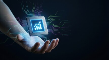 Hand holding glowing analytics icon, AI finance growth dashboard technology