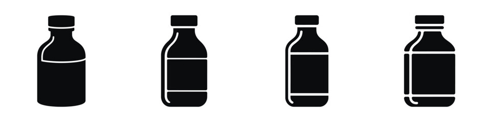 Medicine Bottle Vector Icons Set – Medical Syrup and Liquid Drug Container Silhouette Illustrations for Pharmacy, Healthcare, Hospital, and Treatment Design