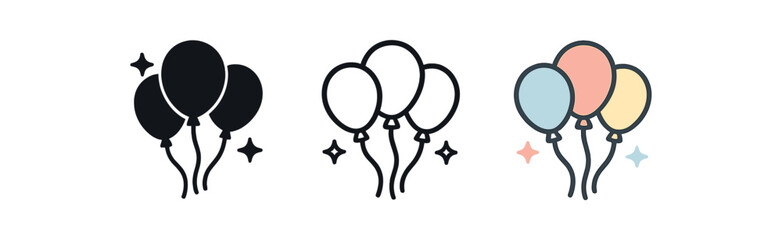 homecoming balloons icons three cluster of balloons with tiny shapes icons one flat solid monochrome one thin black outline black and white one full color flat icon pastel party palette