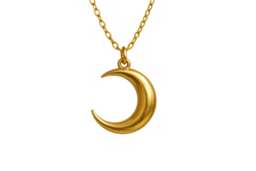 Golden crescent moon pendant hanging on delicate chain. Luxury jewelry accessory with astrological, mystical, and feminine appeal