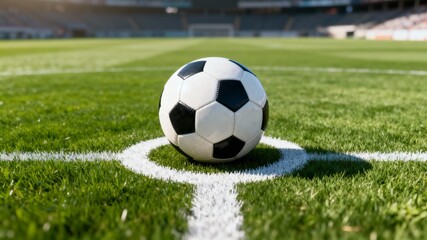 Fototapeta premium Soccer Ball on the Penalty Spot on a green grass field. A dramatic moment of tension in a football stadium.