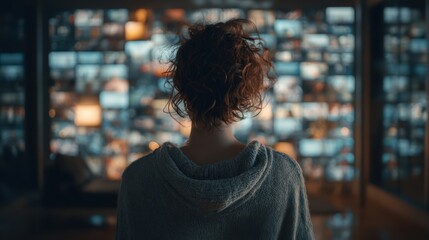 Woman engages with multiple live streams from a cozy space, exploring digital content across a variety of screens during the evening