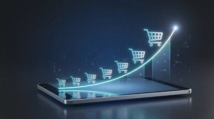 Ecommerce sales growth chart on smartphone, shopping cart icons rising trend