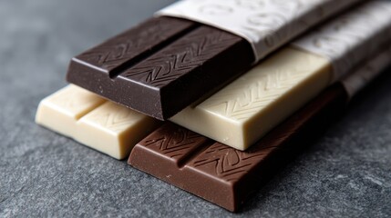 luxury chocolate packaging, three custom chocolate bars in dark, milk, and white flavors, with minimalist heart-shaped packaging, on a sleek grey surface