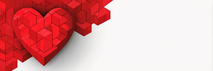 minimalist graphic design, postcard template single red heart made of flat geometric blocks on the left, with a spacious white background no text