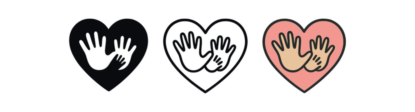 siblings heart icons three big and small handprints forming heart icons one flat solid monochrome one thin black outline black and white one full color flat icon pastel family tones