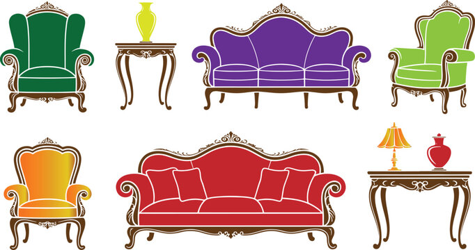 "Dining Table and Chairs Icons &ndash; Modern Furniture Set with Plants, Lamps, and Minimalist Design"